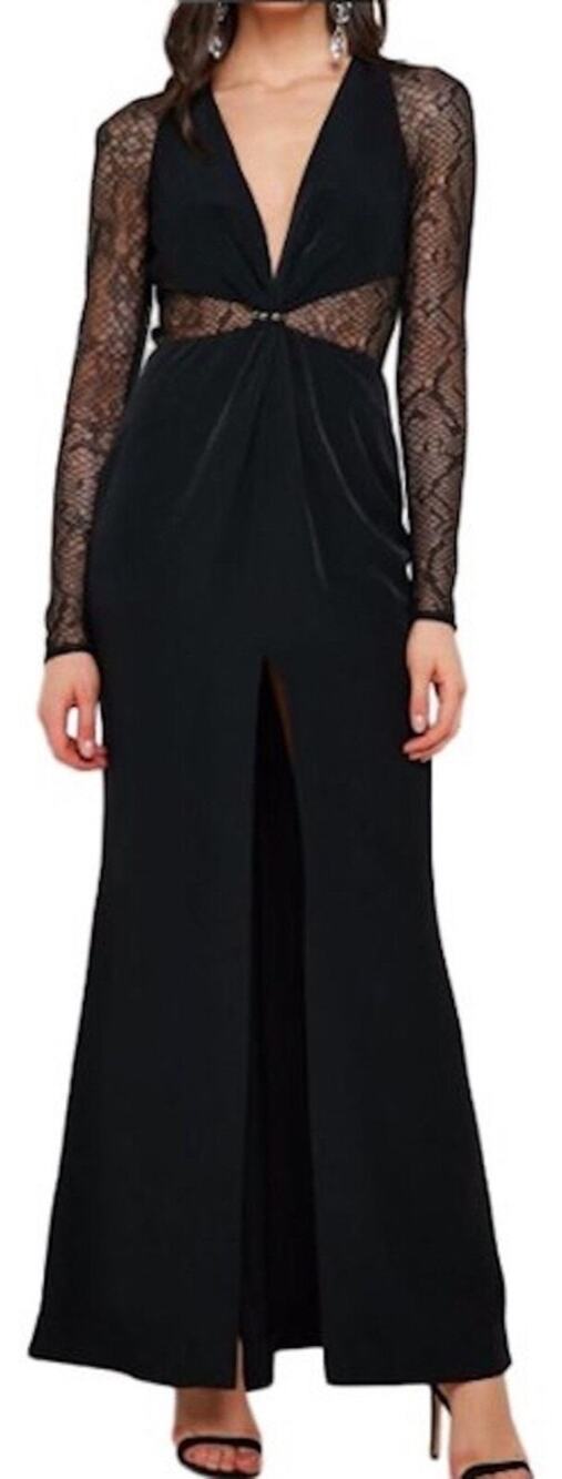 Topshop Black Front Slit Lace Long Sleeve Maxi Dress Size 0